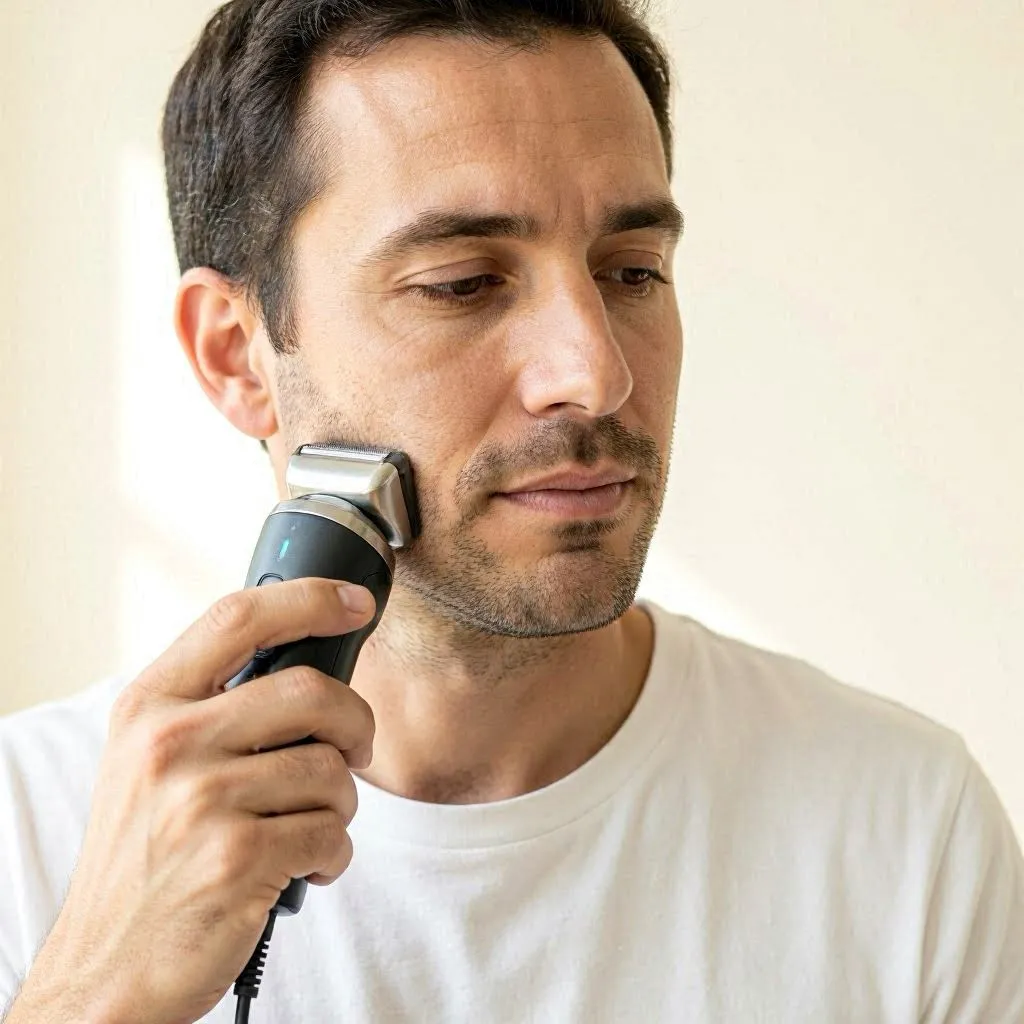 male shaving with an electric shaver
