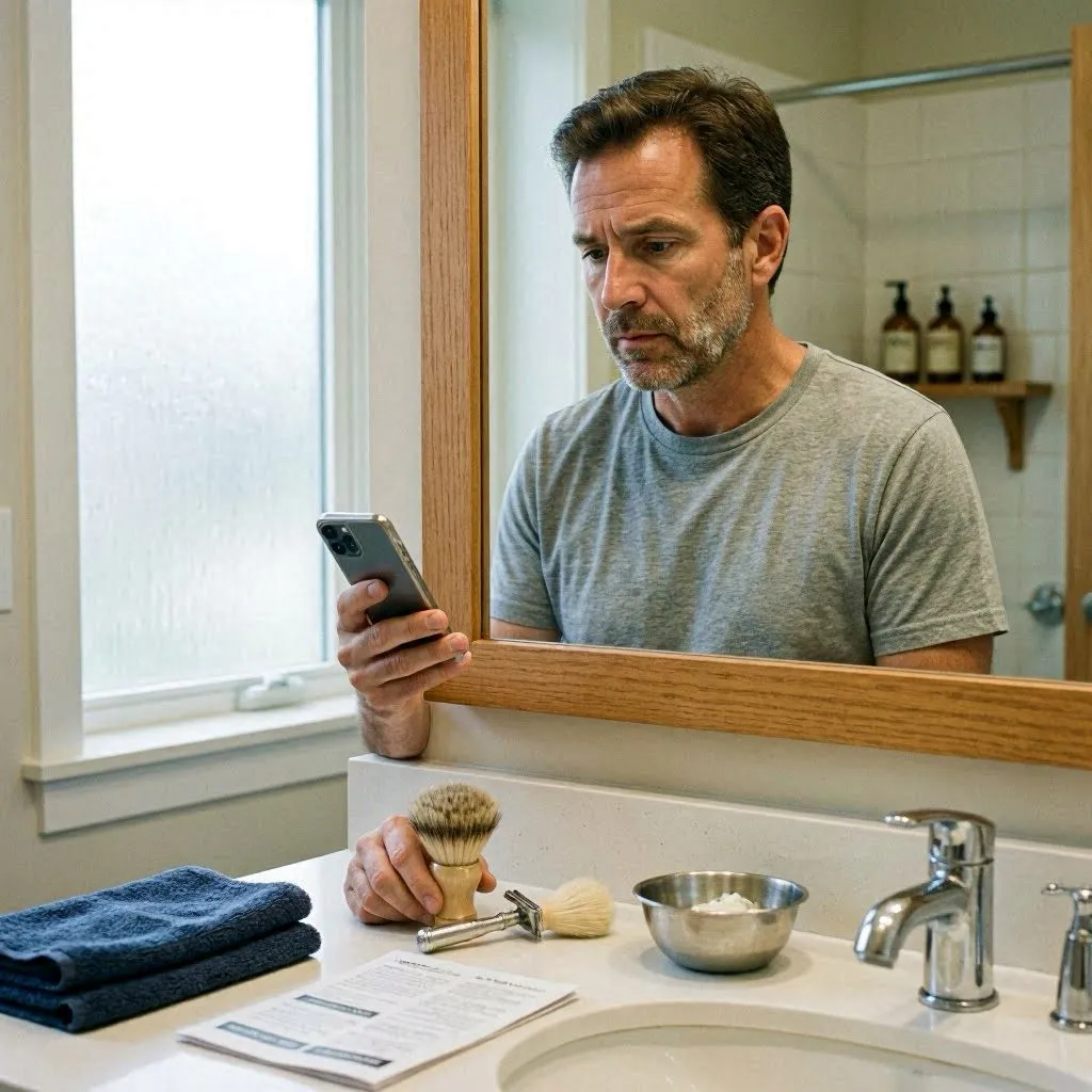 man using phone to look for shaving advice