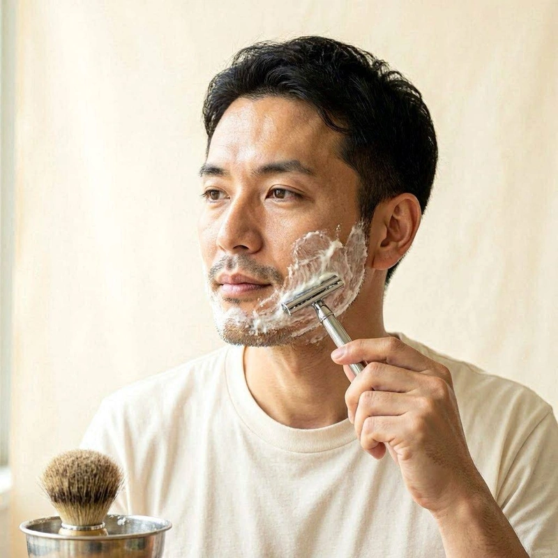 man shaving chin and jawline using a safety razor