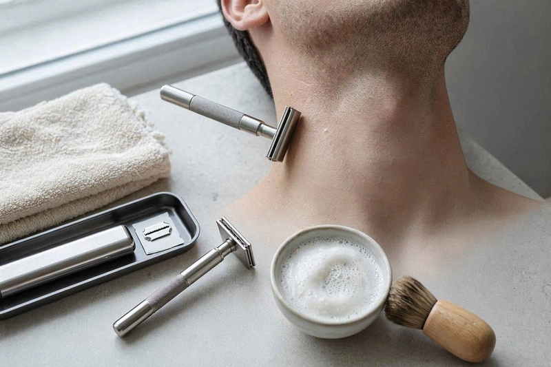 safety razor being used to shave the neck