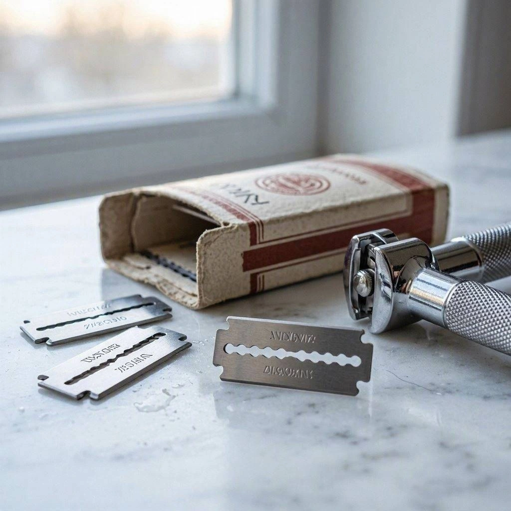 safety razor blades for coarse beard beside a packet of suitable blades