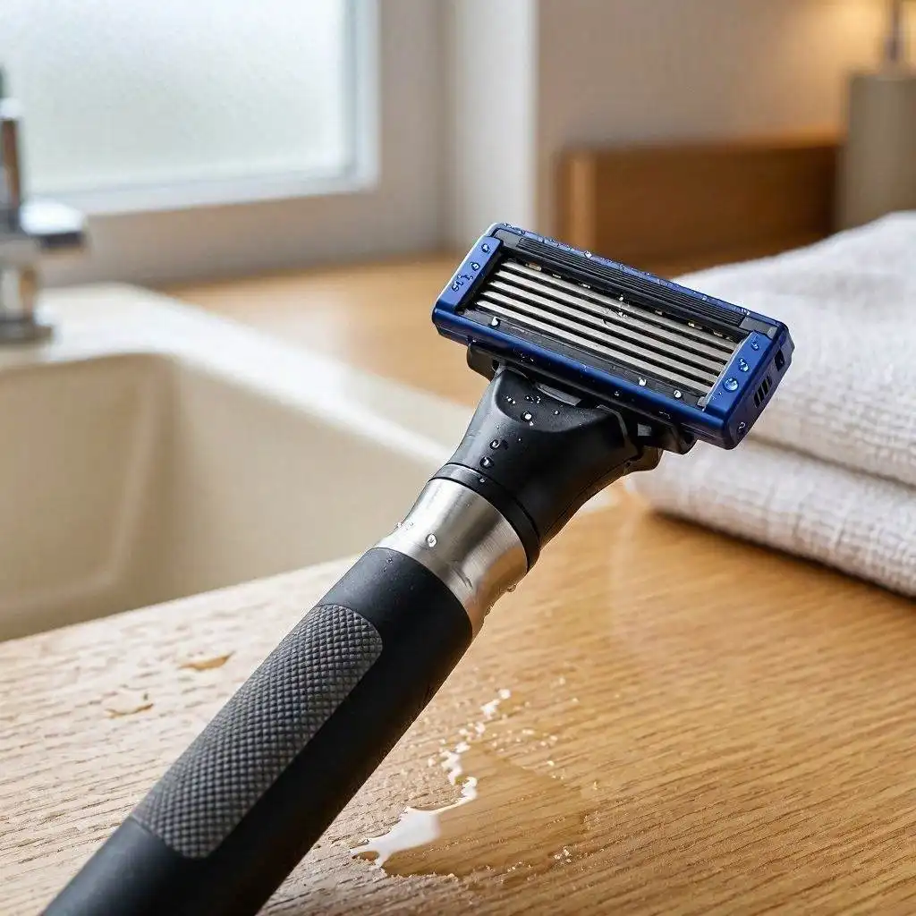 cartridge razor on a bathroom top with towels in the background
