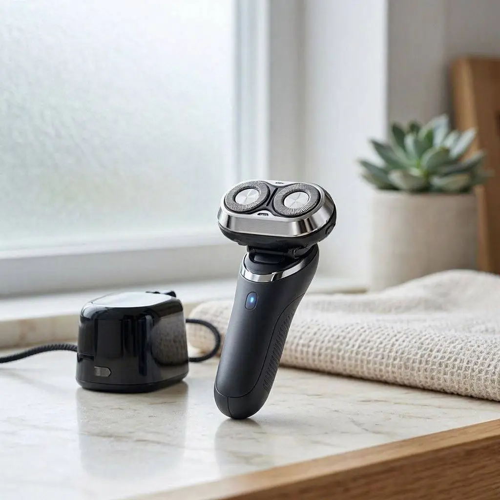 electric shaver with a charger and towel in the background