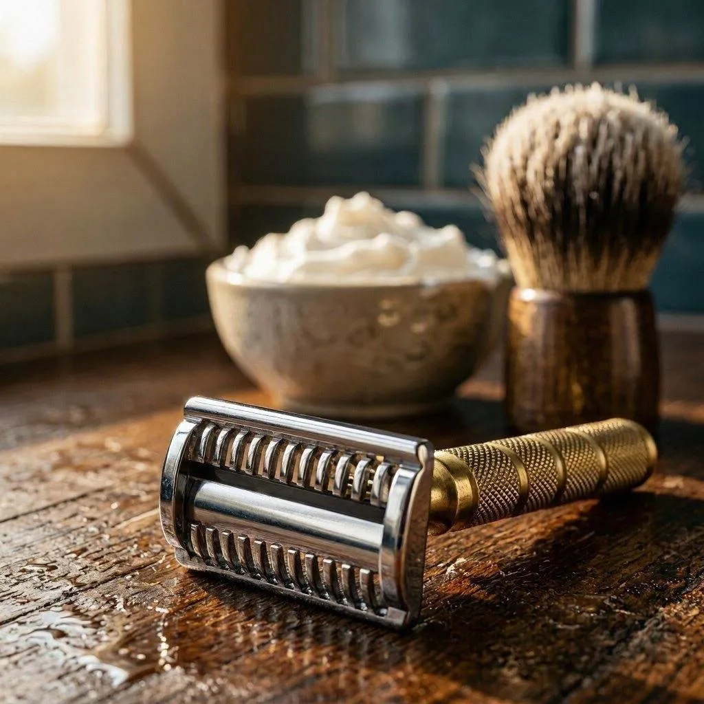 safety razor aggressiveness and shaving cream and brush on a bathroom countertop