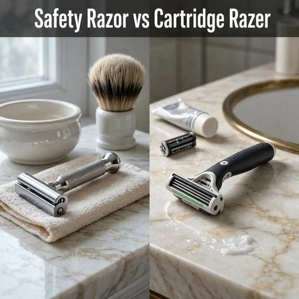 split image of a safety razor and a cartridge razor both sitting on a sink top